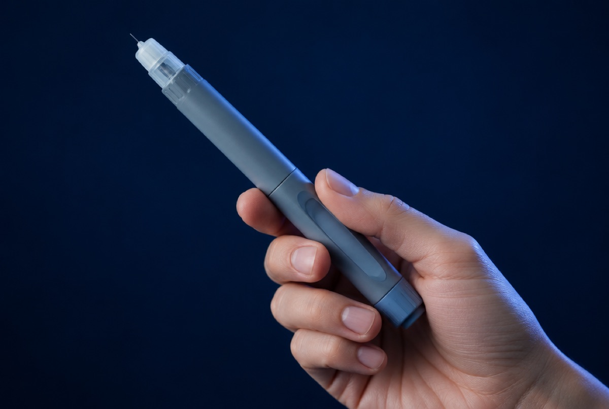 Hand holding a single injection pen against a navy backdrop