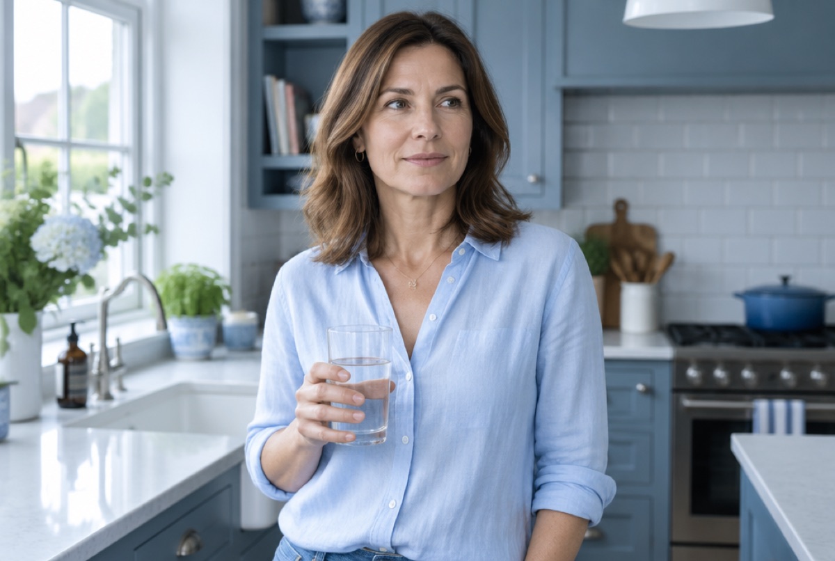 Woman in a bright kitchen holding a glass of water