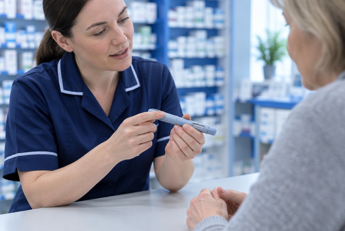 Pharmacist demonstrating an injection pen to a patient across a counter
