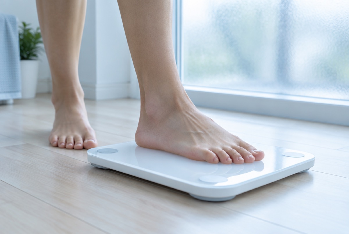 Bare feet stepping onto bathroom scales