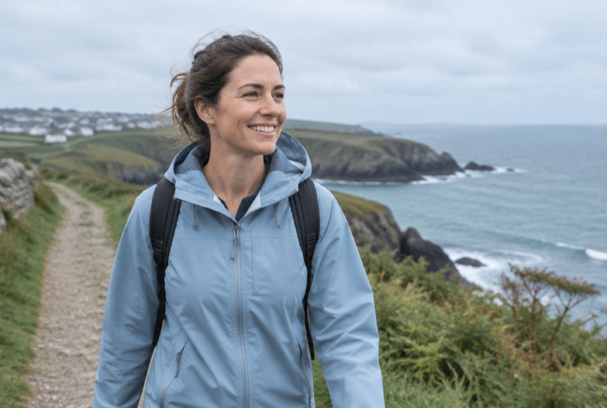 Smiling woman walking on a coastal path