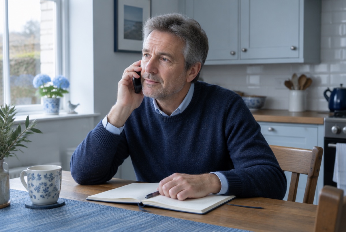 Man at a kitchen table talking on the phone with a notebook open