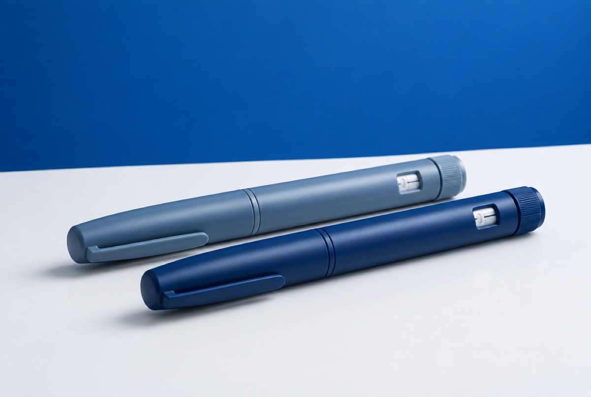 Two injection pens side by side on a white surface