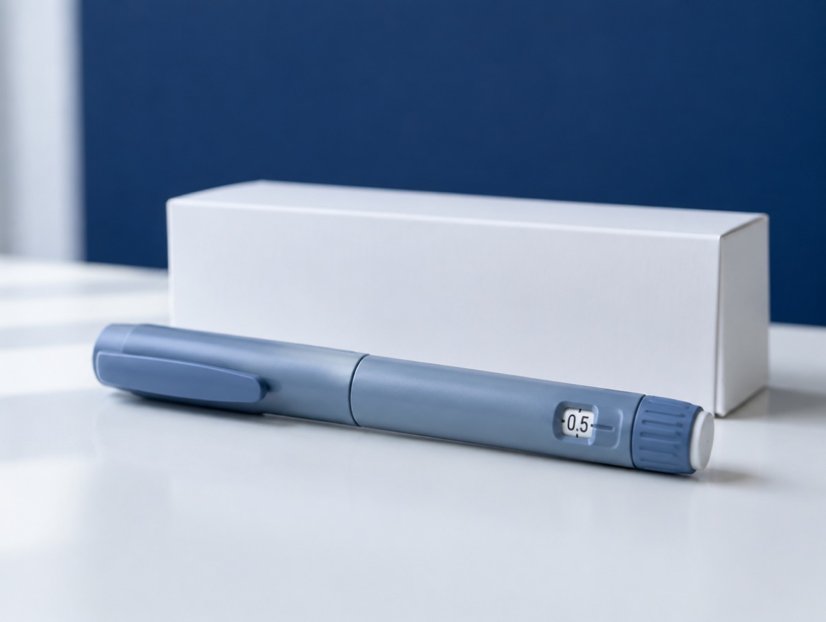 Mounjaro-style injection pen resting beside its carton on a white surface