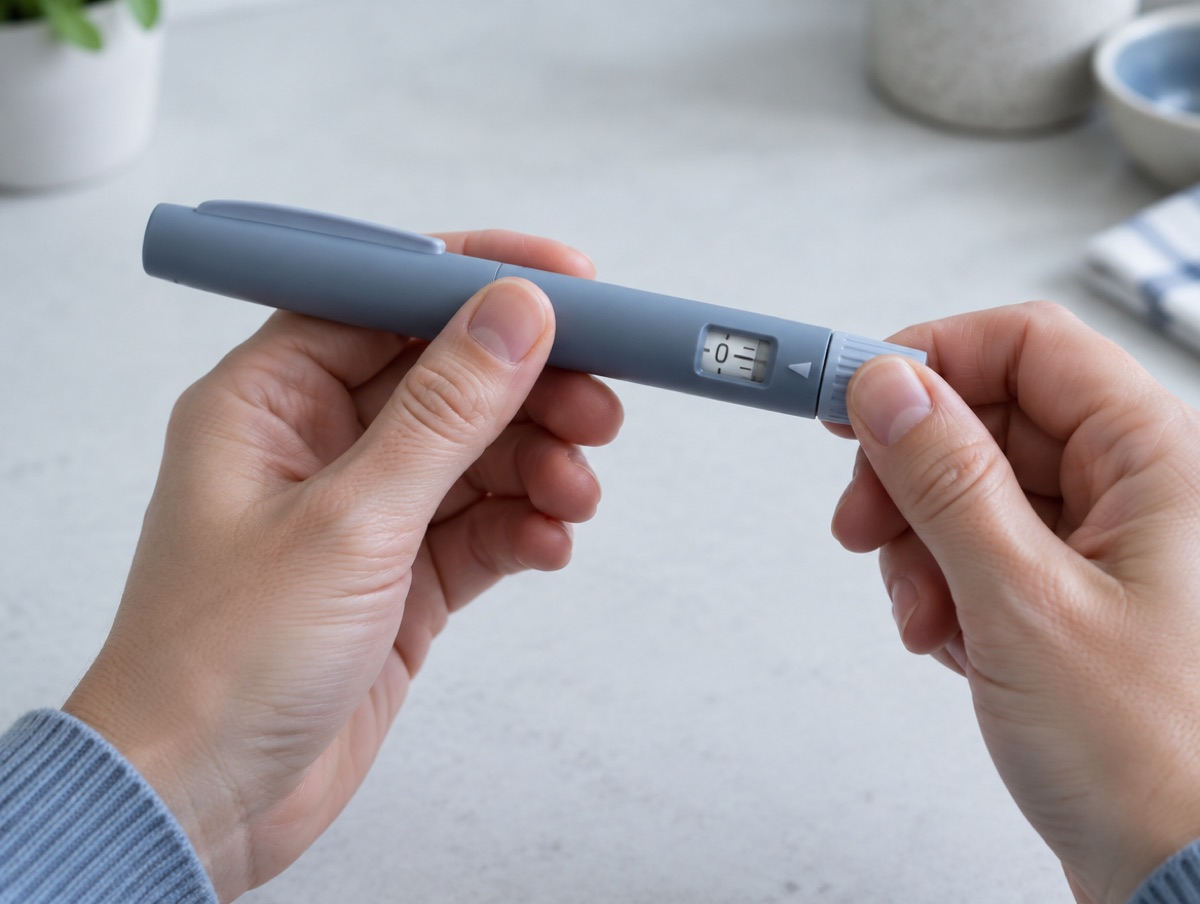 Hands turning the dose knob of an injection pen