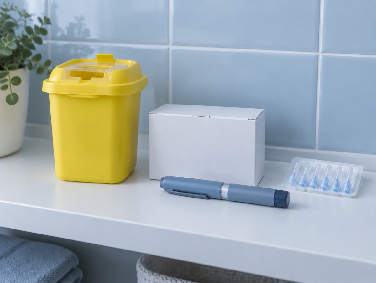 Sharps bin beside a box of pen needles on a bathroom shelf